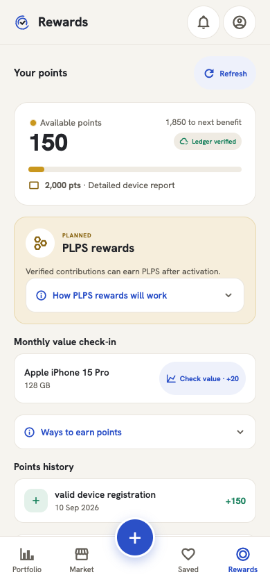 Passident rewards screen explaining current points and planned blockchain rewards